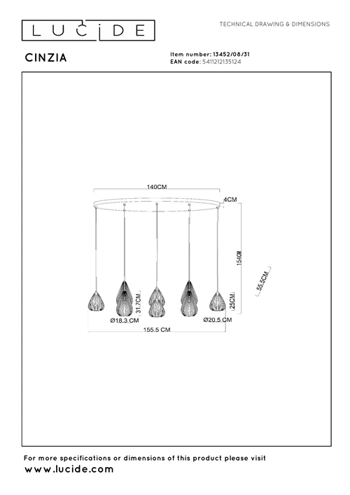 Lucide CINZIA - Pendant light - 8xE27 - White - technical